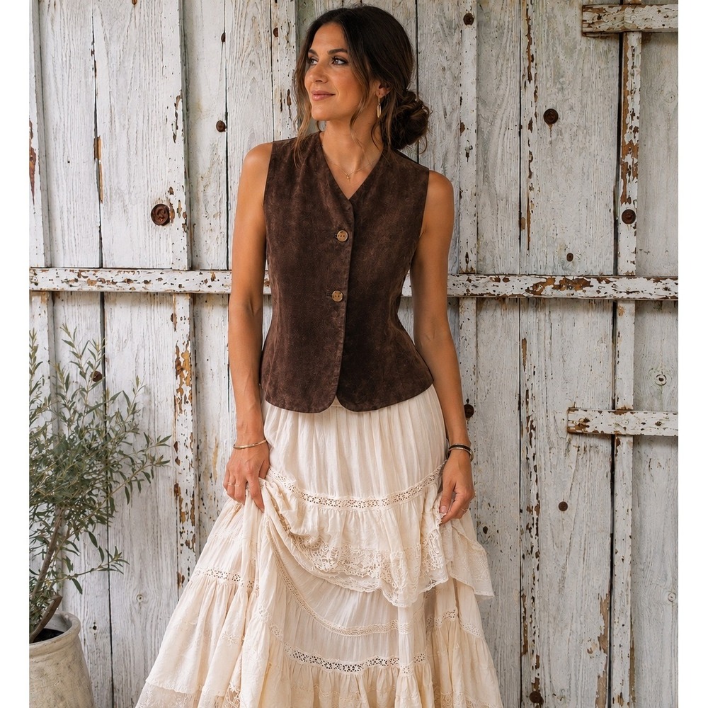 Vintage Brown Suede Leather Western Vest S/M Boho Cowgirl Equestrian Timeless